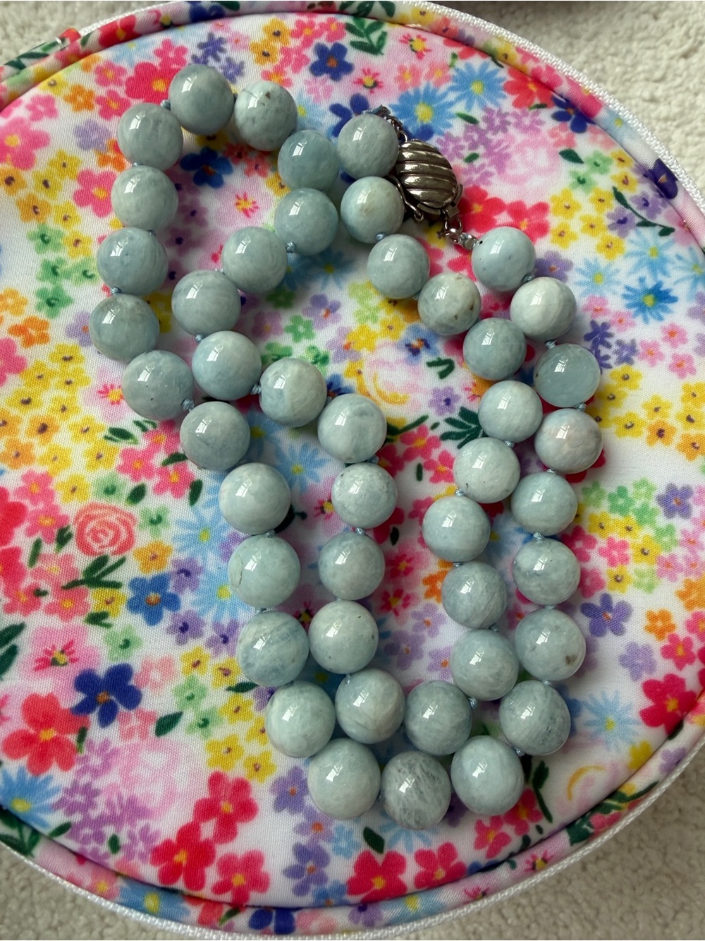 STERLING SILVER OPAQUE AQUAMARINE 10MM BEADS NECKLACE, 20" length